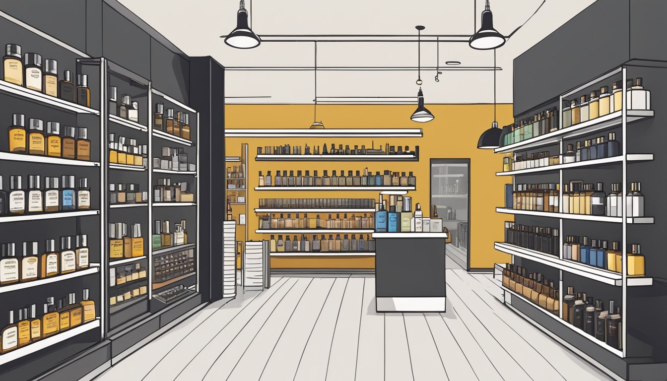 A modern and stylish grooming store in Singapore displays a variety of high-quality beard oils on sleek shelves, with knowledgeable staff ready to assist customers