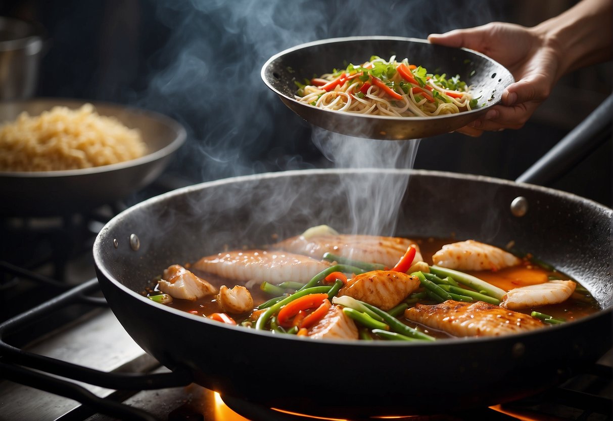 A wok sizzles as fish sauce is poured over sizzling ingredients, steam rising in a cloud around the pan