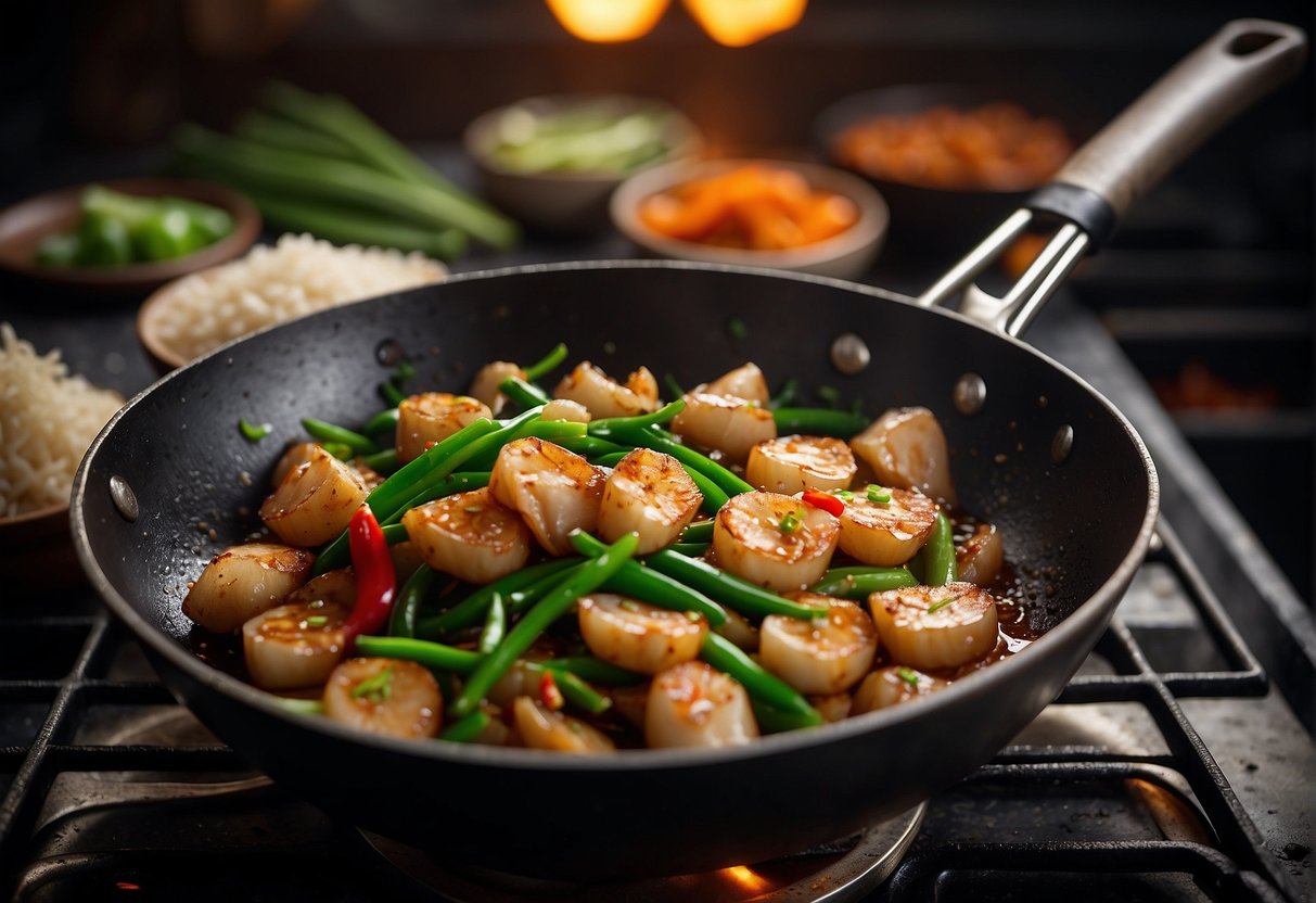 A wok sizzles with stir-fried garlic and ginger, as a splash of fish sauce is added to create a savory aroma. Green onions and chili peppers sit nearby, ready to be incorporated into the iconic Chinese fish sauce recipes