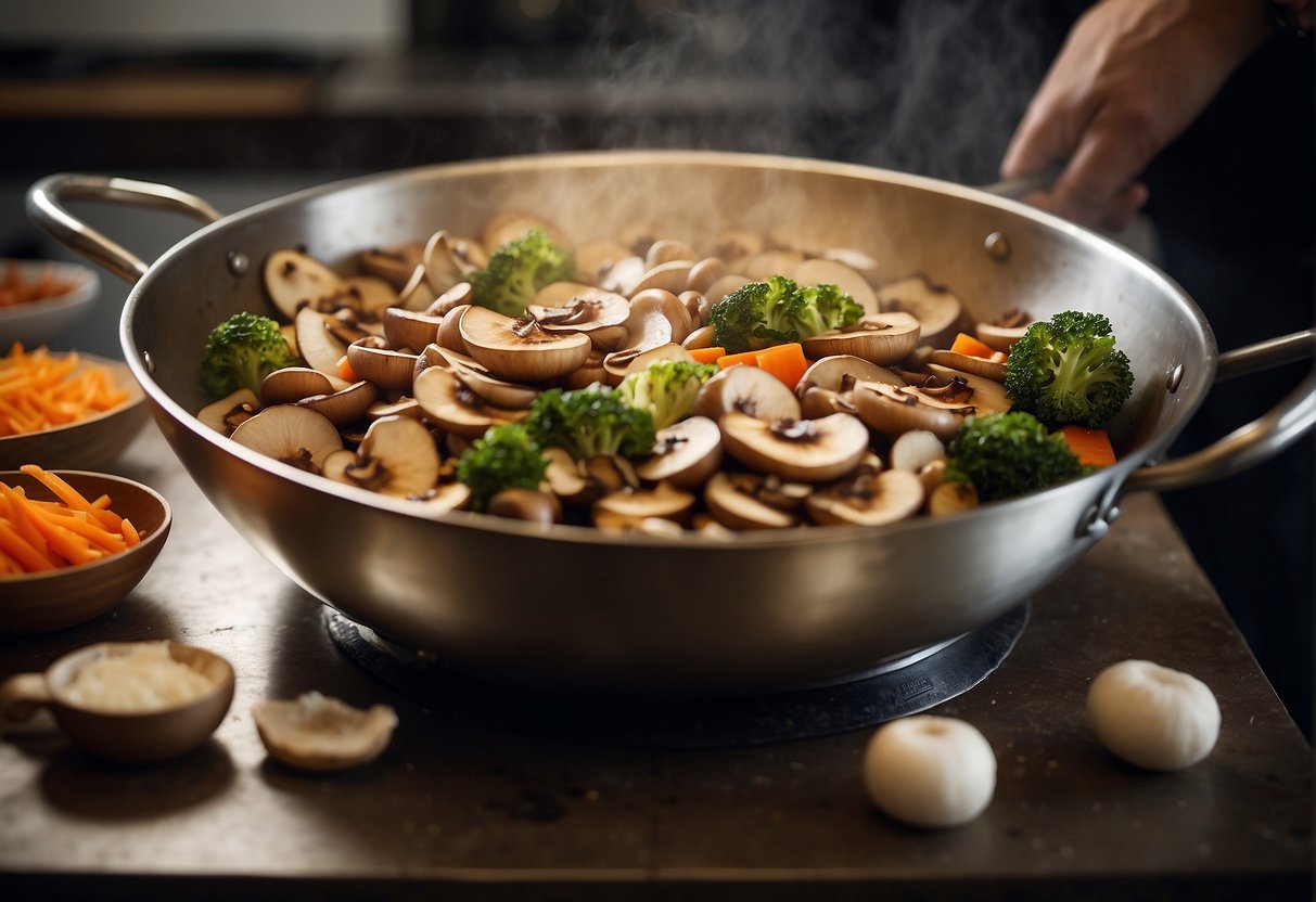 Slicing mushrooms, chopping vegetables, and mixing ingredients in a wok