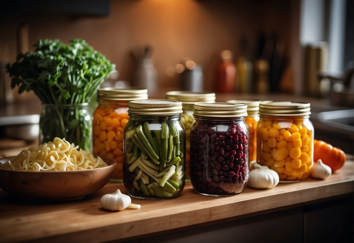 A kitchen counter with jars of chinese preserved vegetables, a cutting board, and recipe cards