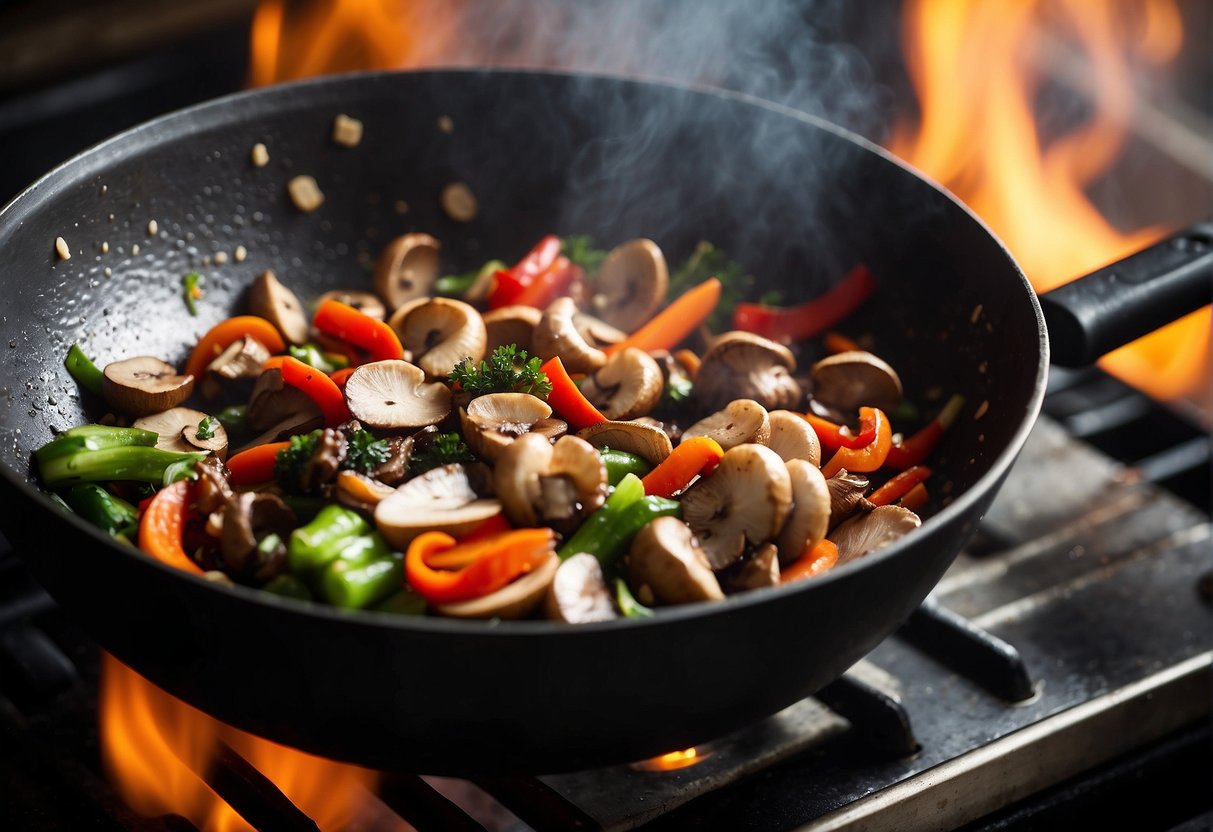 Sizzling mushrooms and colorful vegetables stir-frying in a wok over high heat. Steam rising, chopsticks in motion