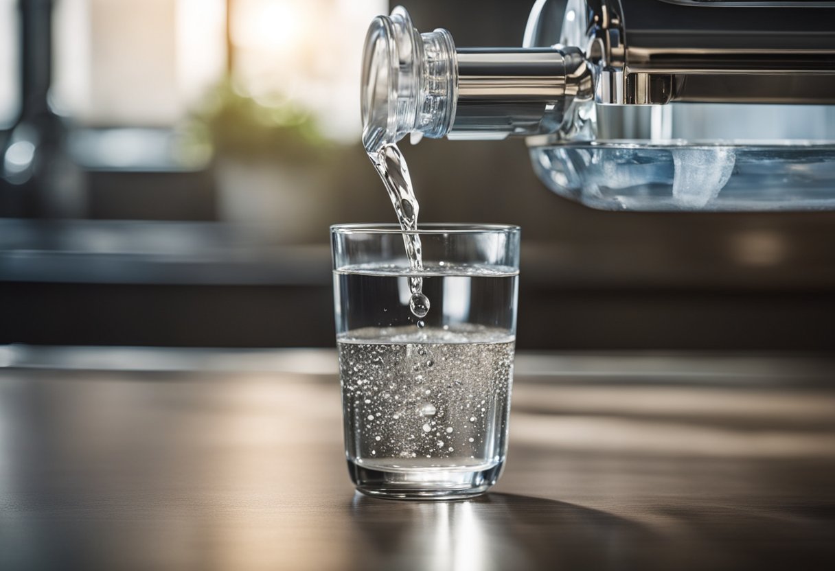 Clean water pours from top water filters, removing impurities. A glass sits below, ready to collect the purified water