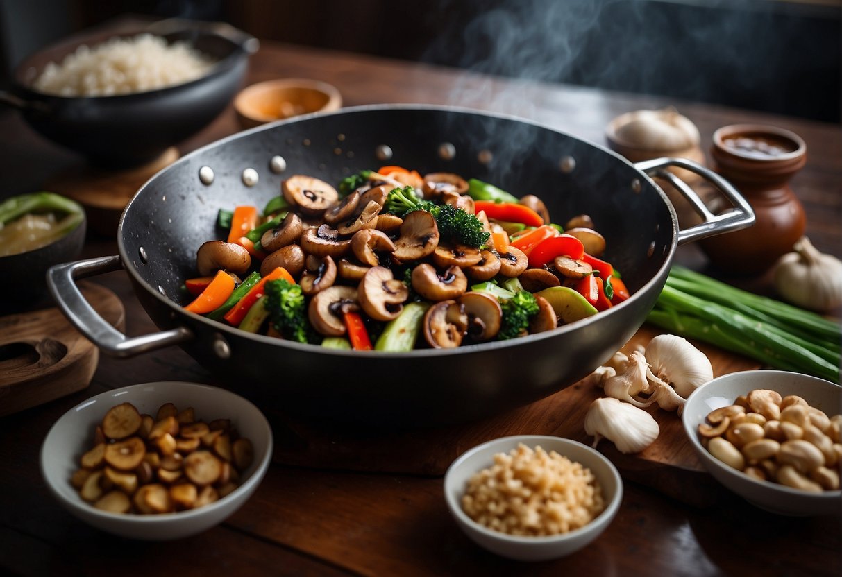 A wok sizzles with sautéed Chinese mushrooms and vegetables, surrounded by bottles of soy sauce, ginger, and garlic