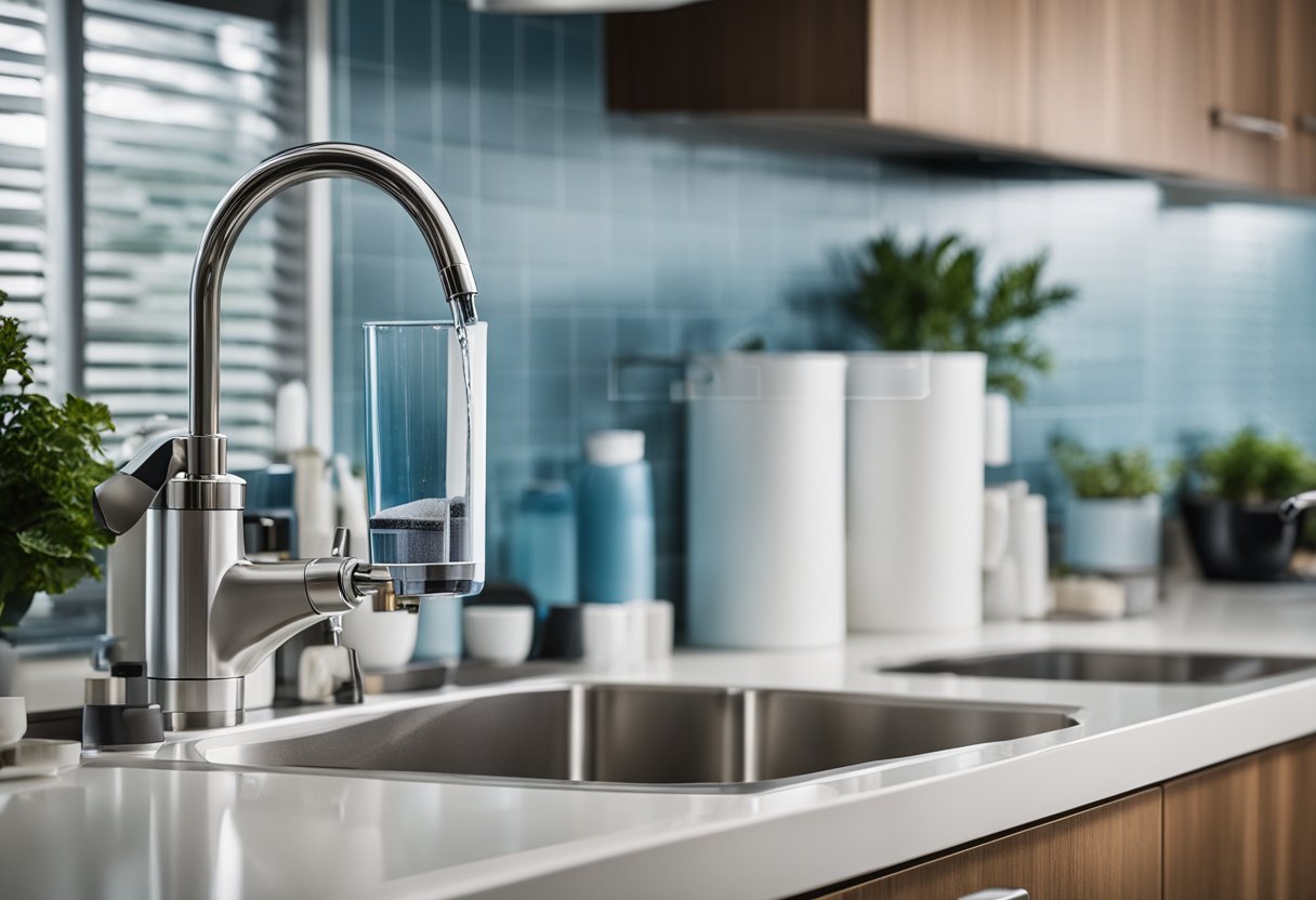 Various water filters: pitcher, faucet, under sink, and whole house. Illustrate them side by side with labels