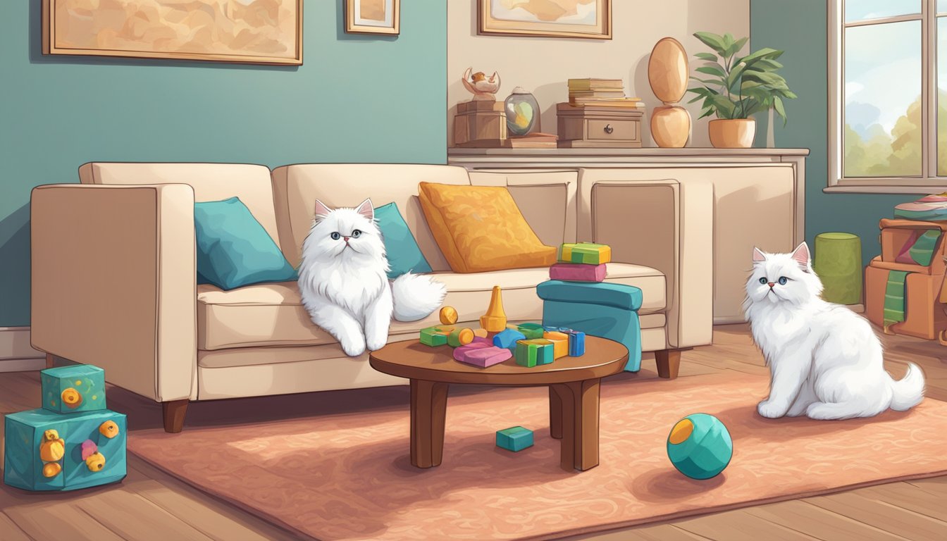 Two fluffy Persian kittens playfully interact in a cozy living room, surrounded by toys and comfortable furniture