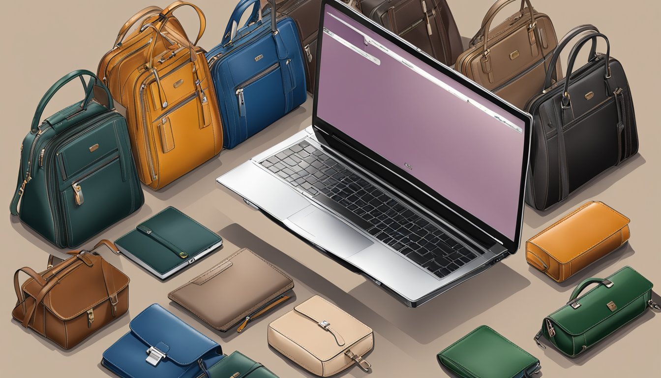 A laptop displaying the Braun Buffel website with a variety of leather bags and accessories