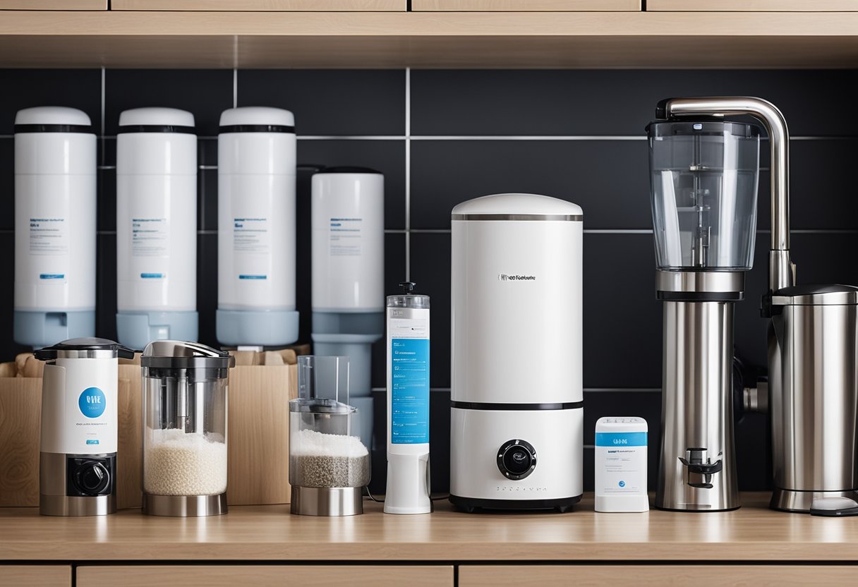 A kitchen counter with various water filter models displayed. Labels and features are visible. Light shines on the filters, creating shadows