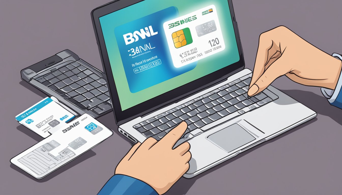 A hand holding a BSNL 4G SIM card with a laptop open to the BSNL website, ready to purchase online