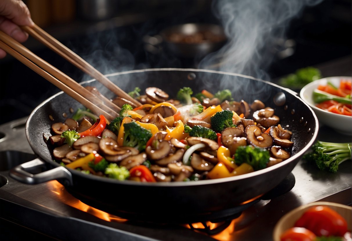 A steaming wok sizzles with stir-fried Chinese mushrooms and vibrant vegetables, emitting a tantalizing aroma. A chef's hand adds a dash of savory sauce, completing the dish