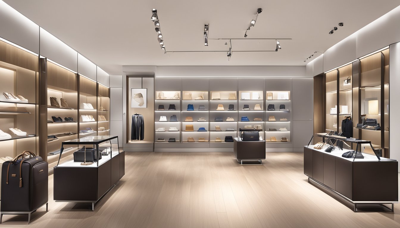 The Braun Buffel Collection displayed on a sleek, modern retail display, with various leather goods and accessories neatly organized and illuminated by soft, ambient lighting