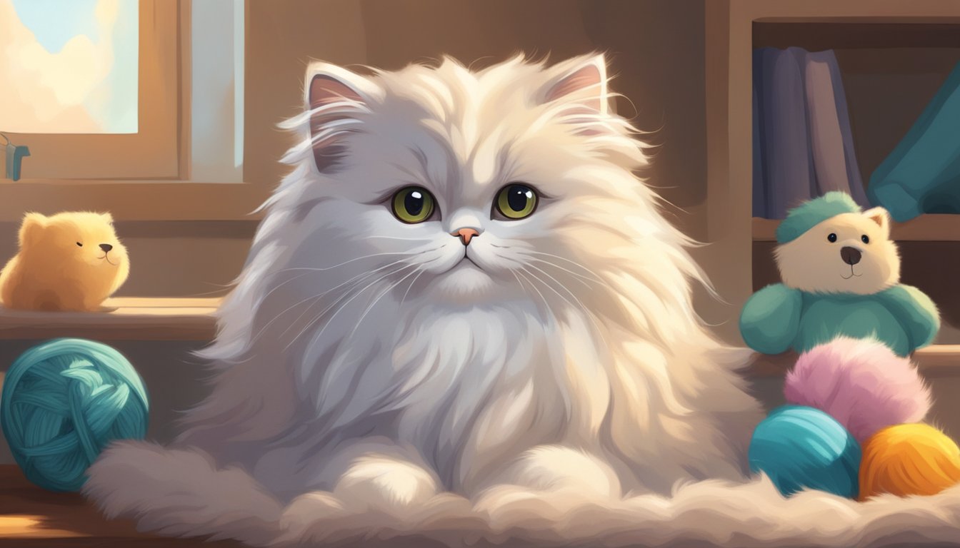 A fluffy Persian kitten with a smooshed face and long fur sits in a cozy, sunlit room, surrounded by plush toys and a soft blanket