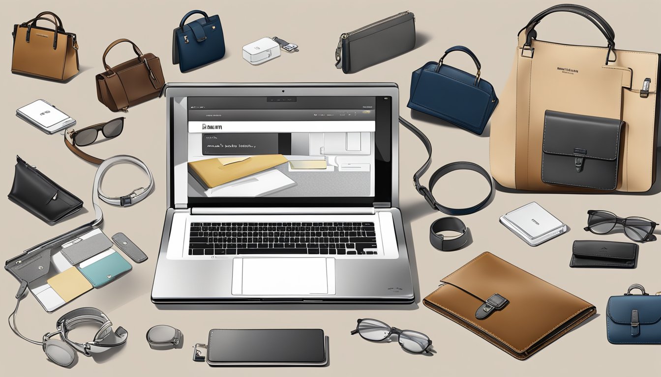 A laptop displaying the Braun Buffel website with a variety of leather goods. A secure checkout process and multiple payment options are visible