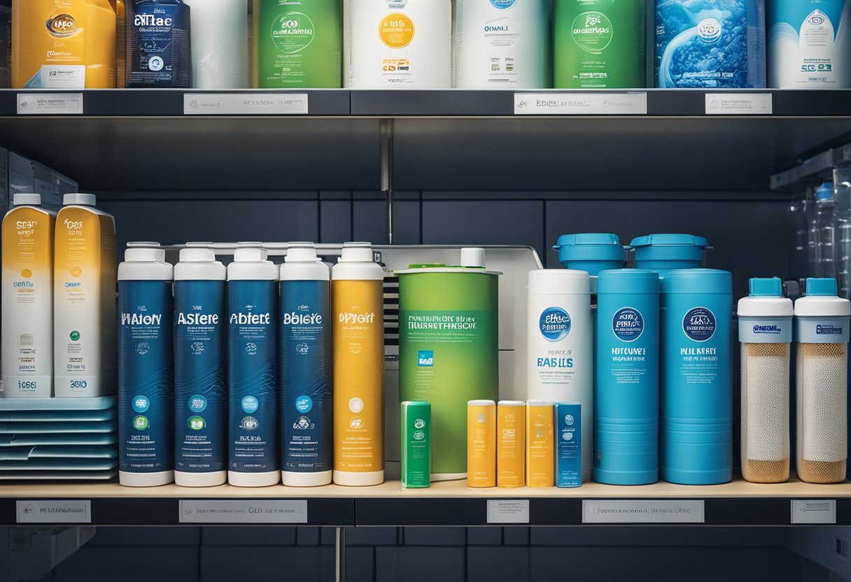 Various water filter brands displayed on shelves, with logos and product names clearly visible. Bright lighting highlights the top filters