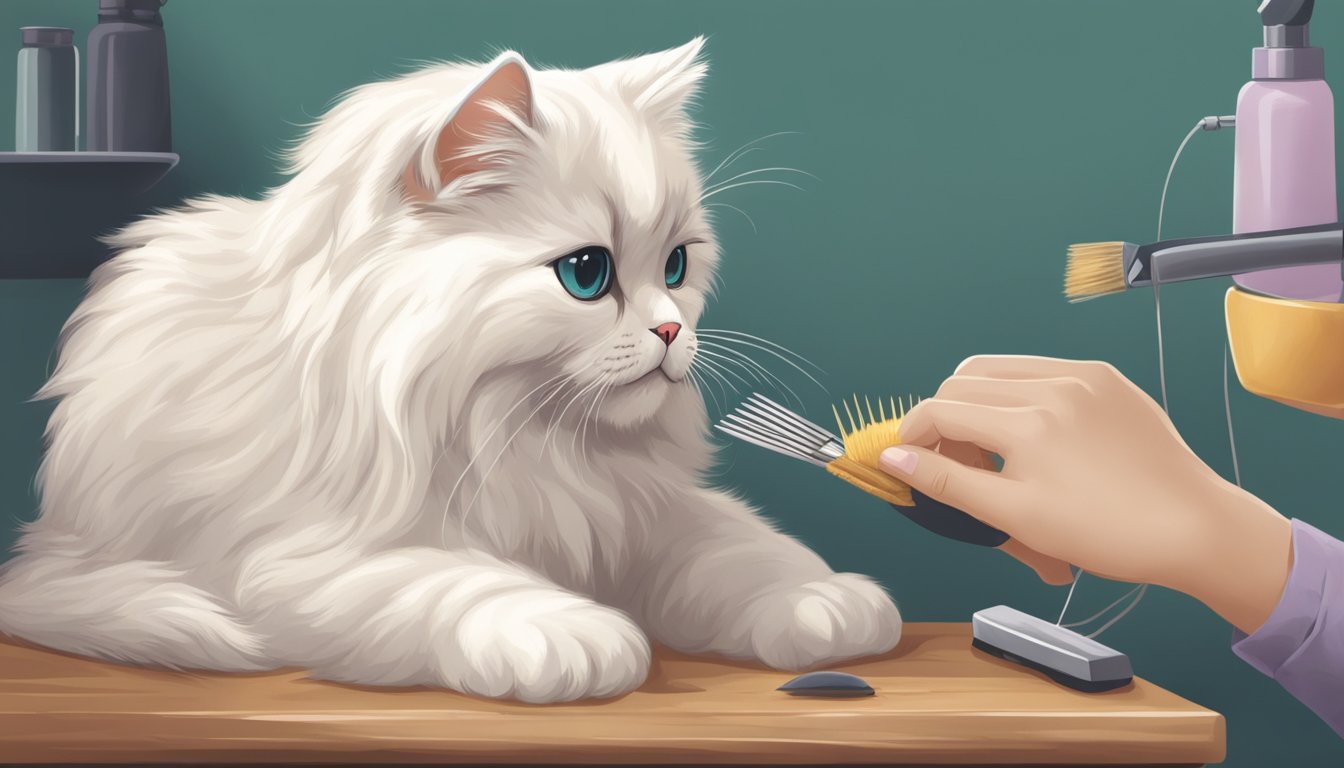 A fluffy Persian kitten being groomed and fed by a loving caregiver