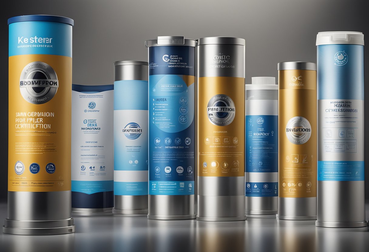 A row of water filter products with visible certifications and standards logos displayed prominently on their packaging