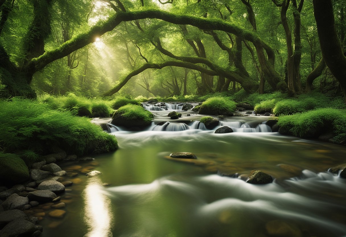 A lush green landscape with a clean river flowing through, surrounded by trees and wildlife. A modern water filtration system is visible in the background, emphasizing environmental impact and sustainability