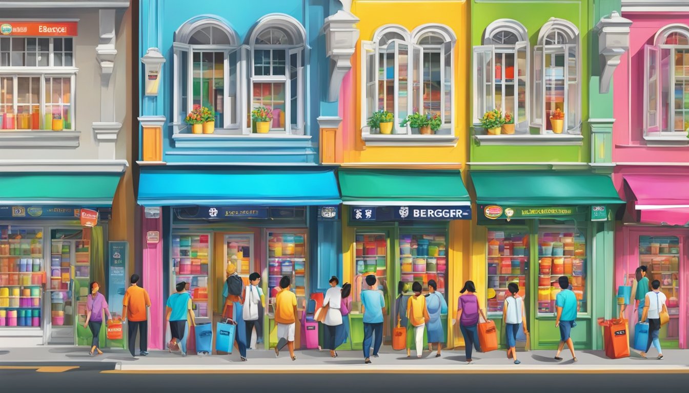 A vibrant store front with "Berger Paint" signage in a bustling shopping district of Singapore. Customers entering and exiting the store with colorful paint cans in hand