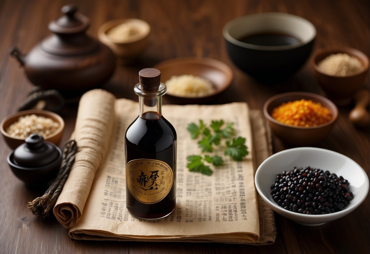 A bottle of Chinese black vinegar sits on a wooden table, surrounded by various ingredients and cooking utensils. A recipe book is open to a page featuring a traditional Chinese dish