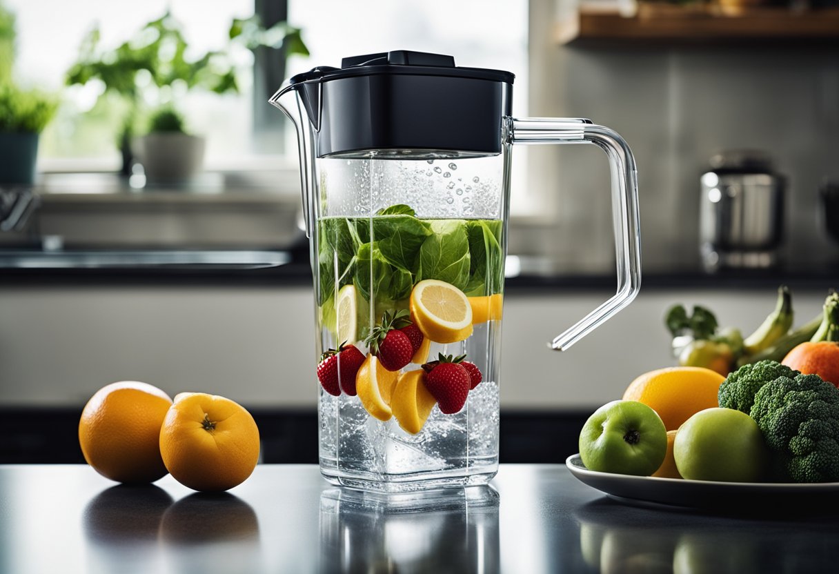 A clear pitcher with a sleek, modern design sits on a kitchen countertop, surrounded by fresh fruits and vegetables. Water pours from the top filter into a glass below, with a refreshing splash