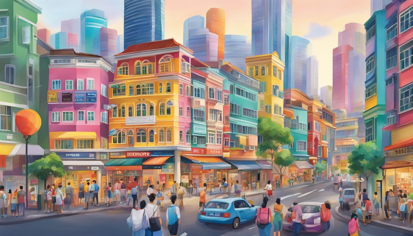 A vibrant cityscape with a prominent Berger Paints storefront in Singapore, surrounded by bustling streets and colorful buildings