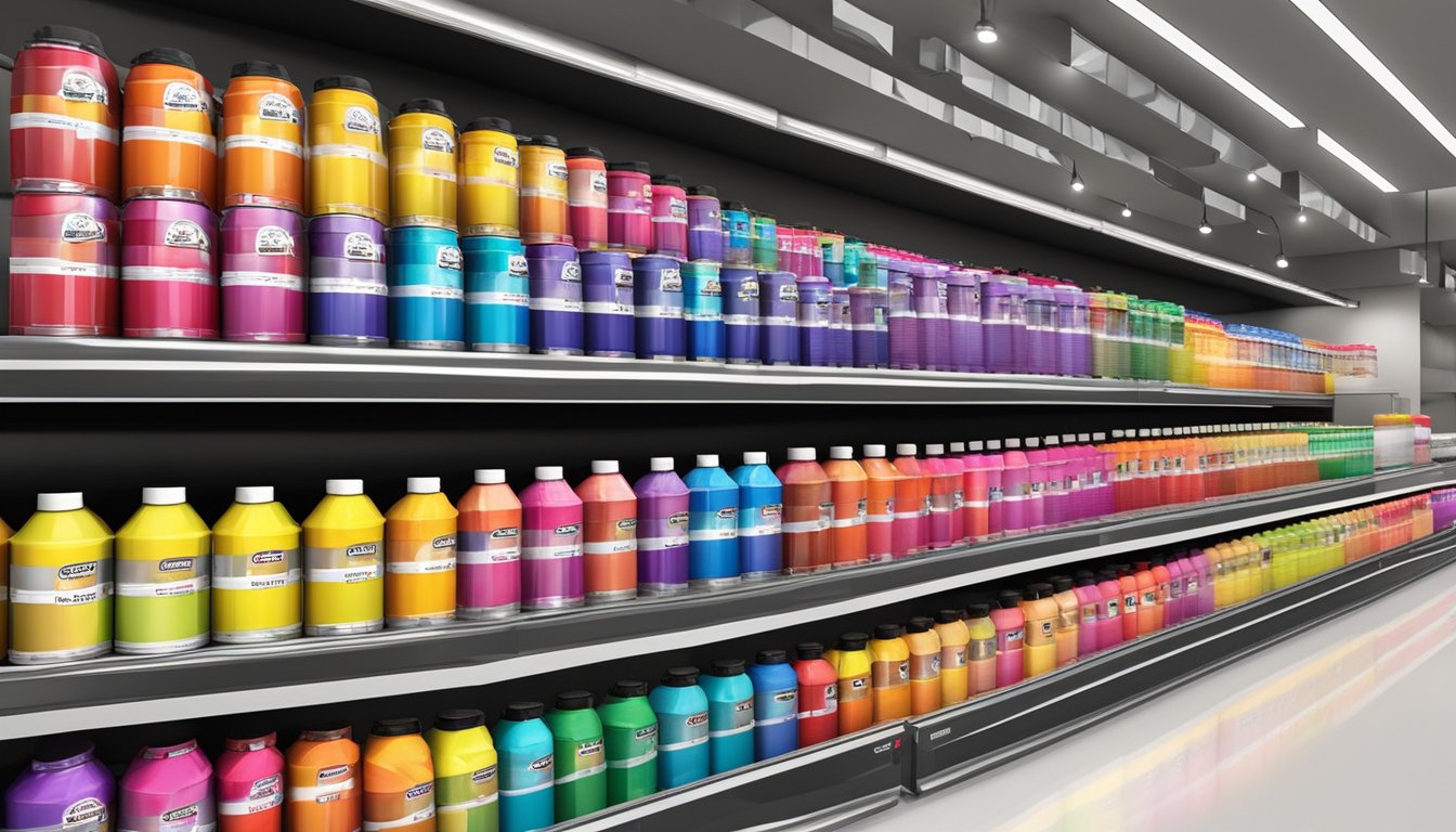 A colorful array of Berger Paints on display at a Singapore store, with the brand's logo and vibrant packaging catching the eye