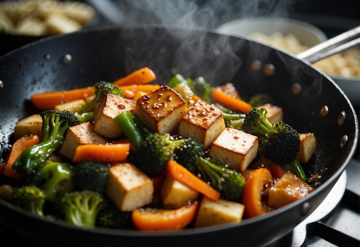 A wok sizzles with stir-fried vegetables and tofu, splashed with Chinese black vinegar. Steam rises as the rich, tangy aroma fills the kitchen