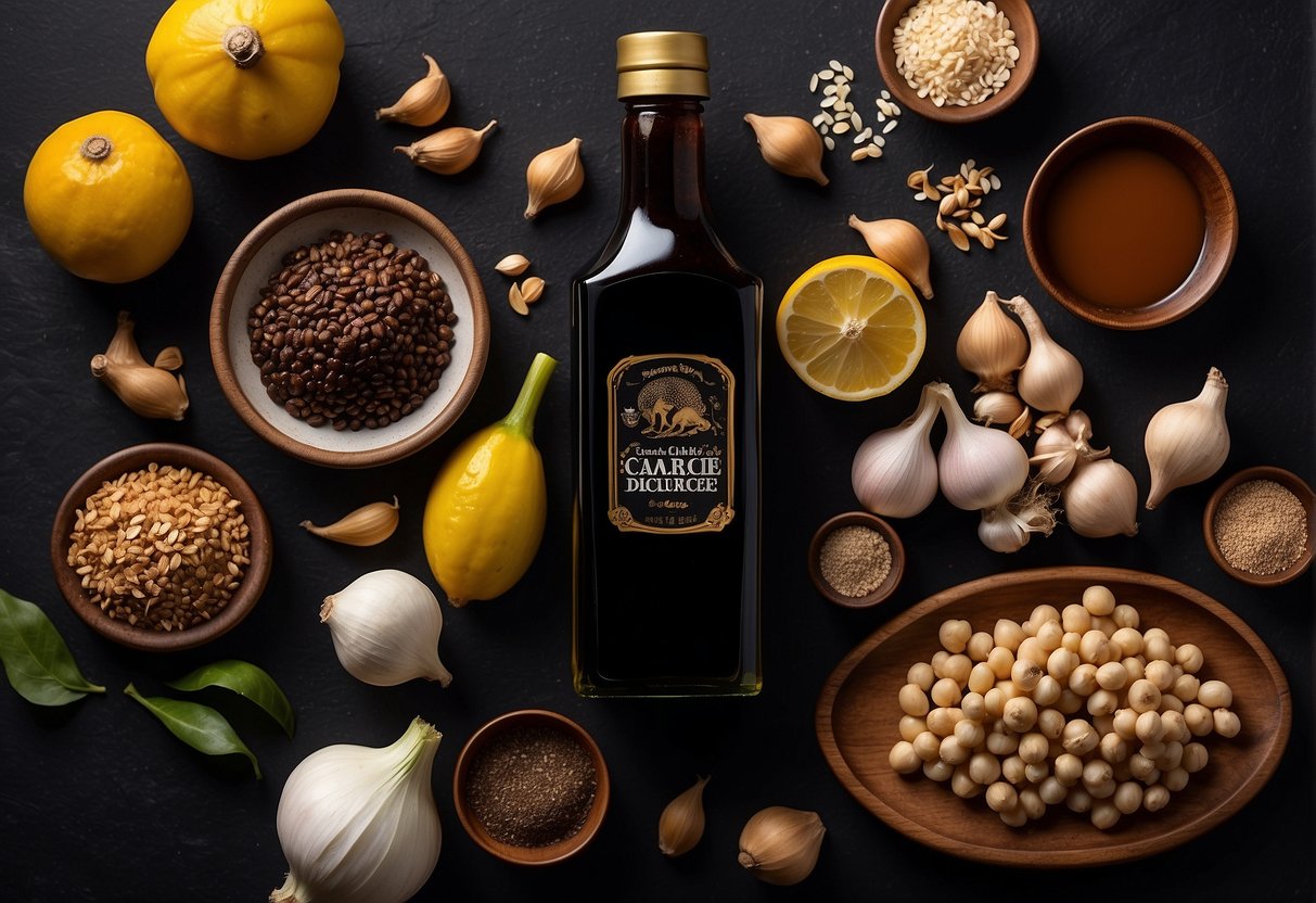 A bottle of Chinese black vinegar sits next to a spread of ingredients like garlic, ginger, and soy sauce, hinting at the rich and tangy flavor profiles and pairings waiting to be explored