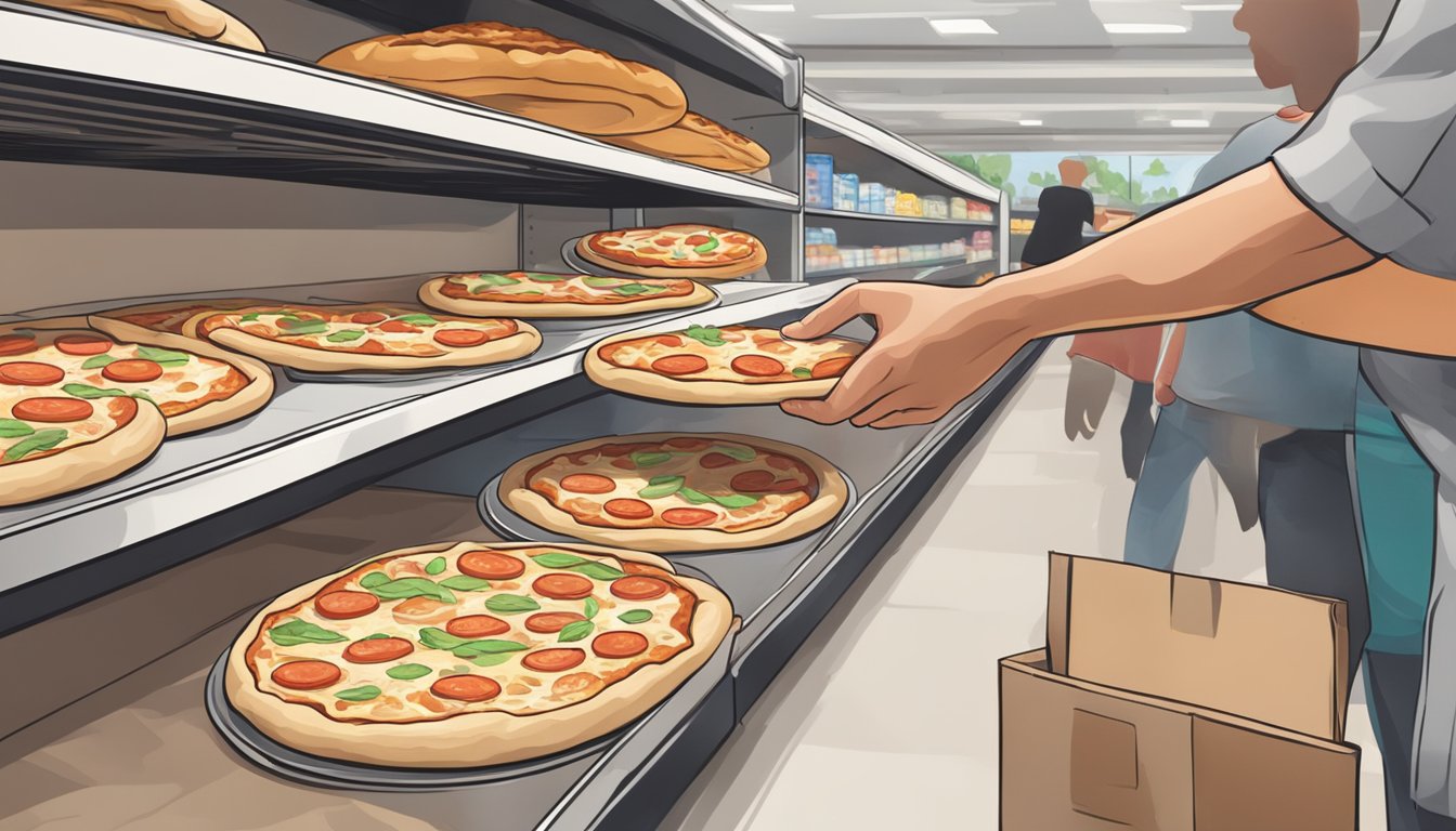 A hand reaches for a package of pizza dough on a shelf in a grocery store in Singapore