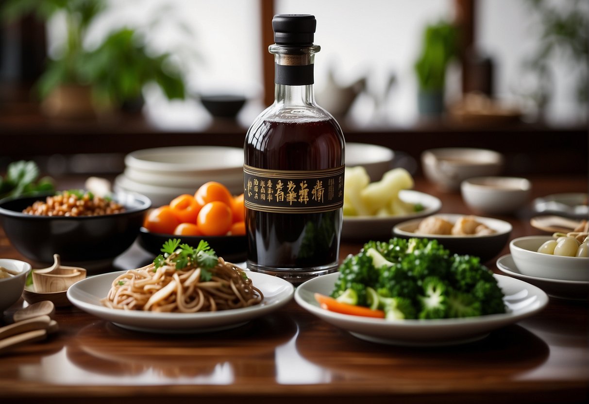 A table set with various dishes using Chinese black vinegar, surrounded by fresh ingredients and a bottle of the vinegar as the focal point