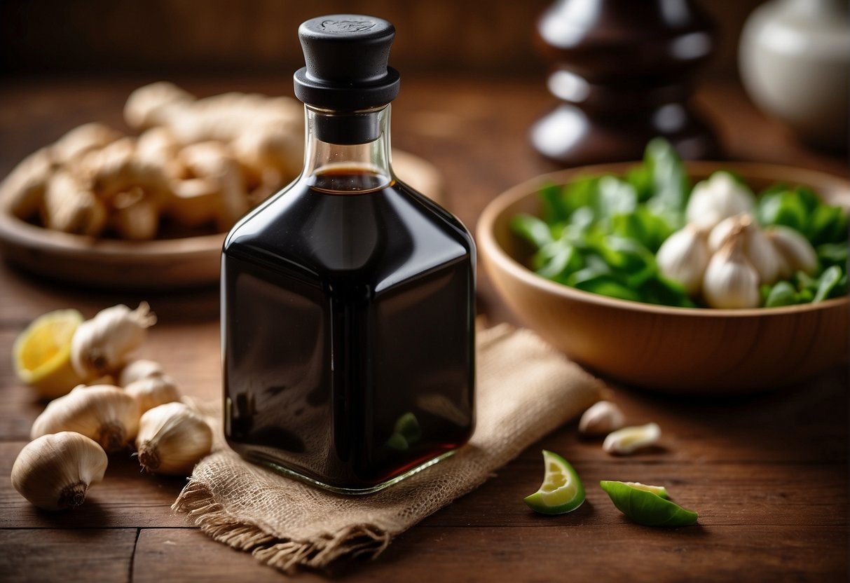 A bottle of Chinese black vinegar surrounded by fresh ingredients like ginger, garlic, and soy sauce on a wooden cutting board