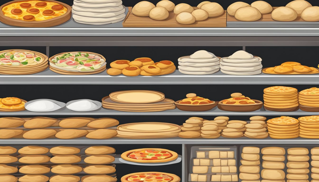 A display of fresh pizza dough at a local market in Singapore, with various types and sizes neatly arranged on shelves