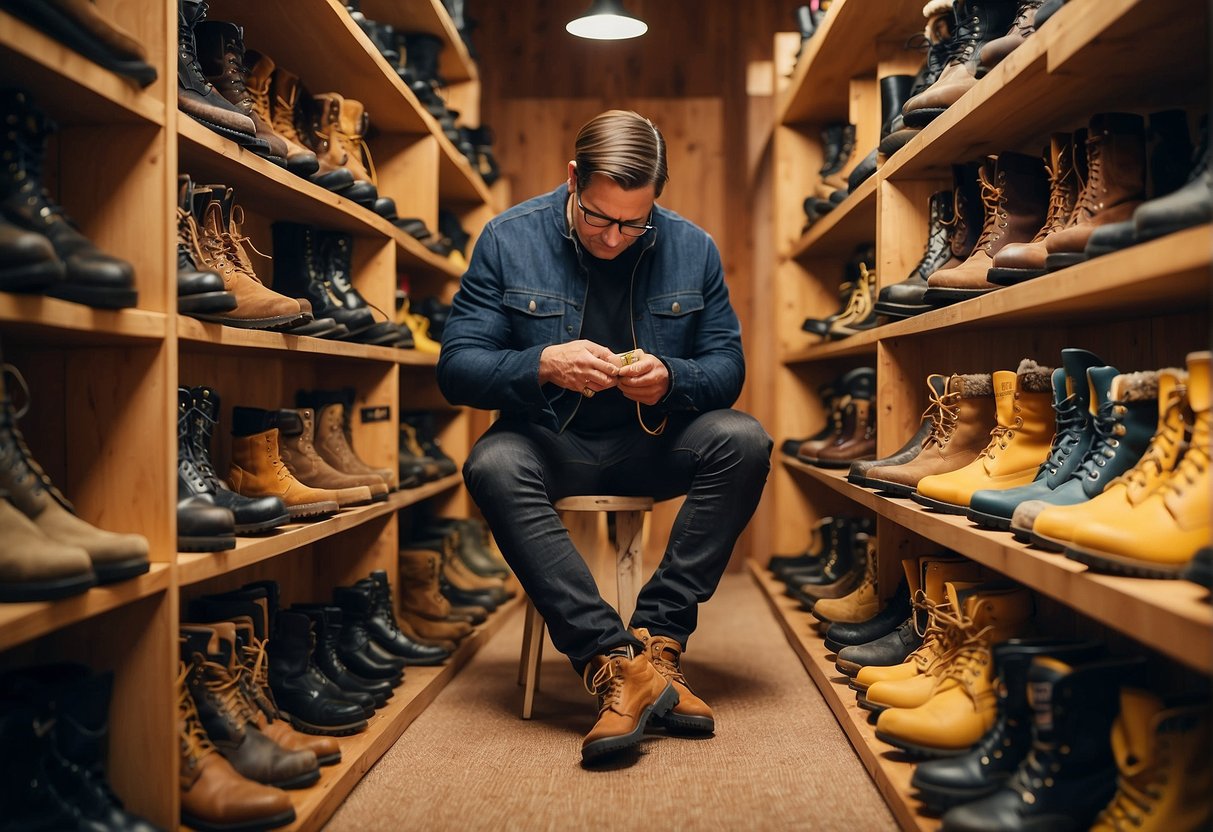 A person measures their foot with a tape measure while surrounded by various sizes of outdoor boots on display