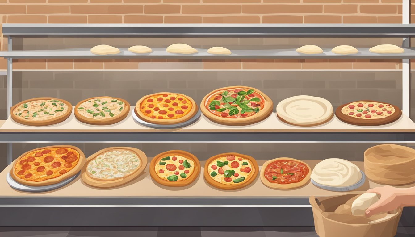 A hand reaches for various types of pizza dough on a display at a local bakery or grocery store