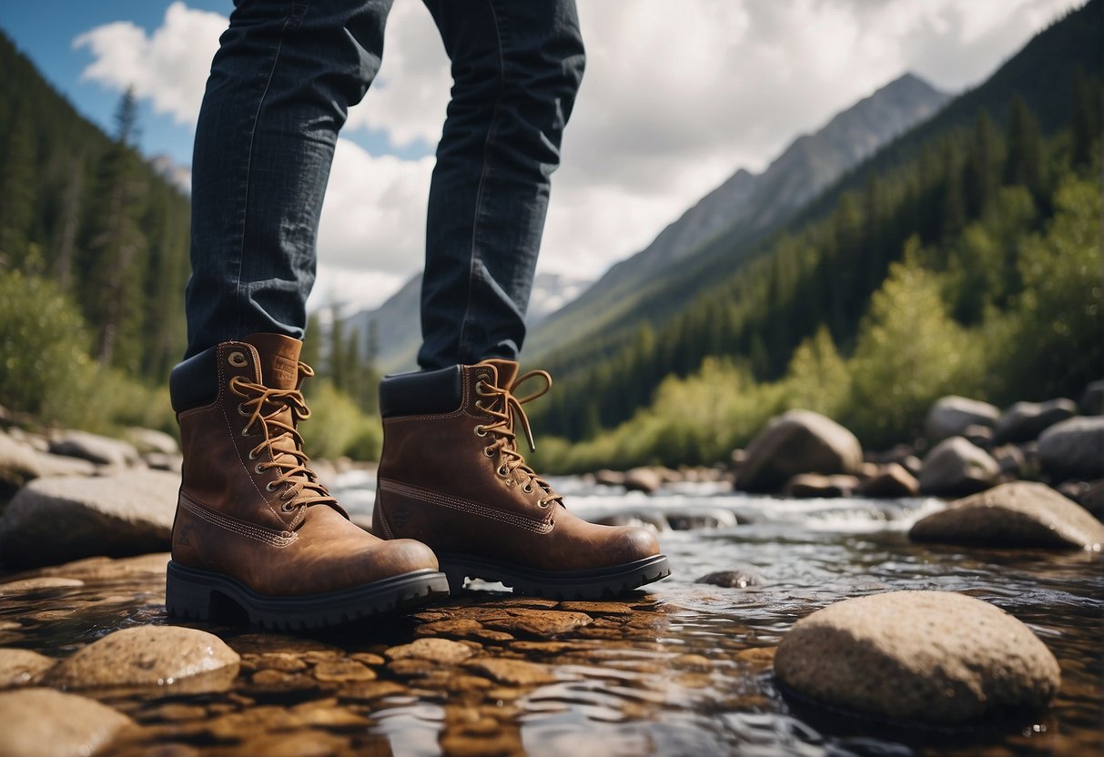 A rugged mountain landscape with a person wearing outdoor boots, surrounded by trees, rocks, and a flowing stream