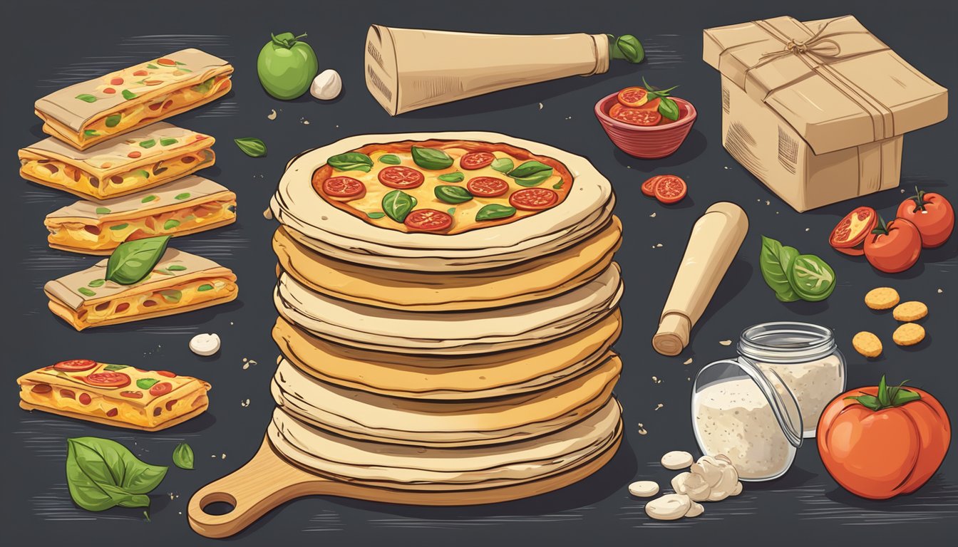 A stack of pizza dough packages with "Frequently Asked Questions" label, surrounded by various pizza ingredients and a rolling pin