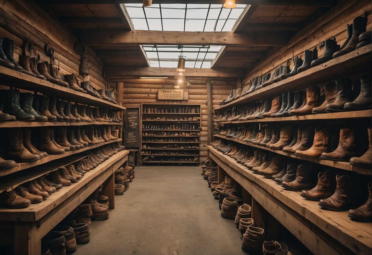 A rustic outdoor store with rows of sturdy boots, surrounded by rugged landscapes and adventurous signage