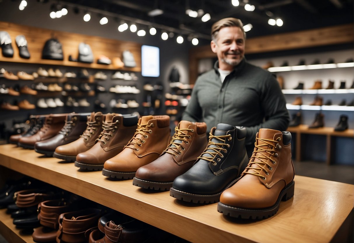 Customers compare prices at outdoor gear store for boots. Various brands and styles on display. Salesperson assists a customer