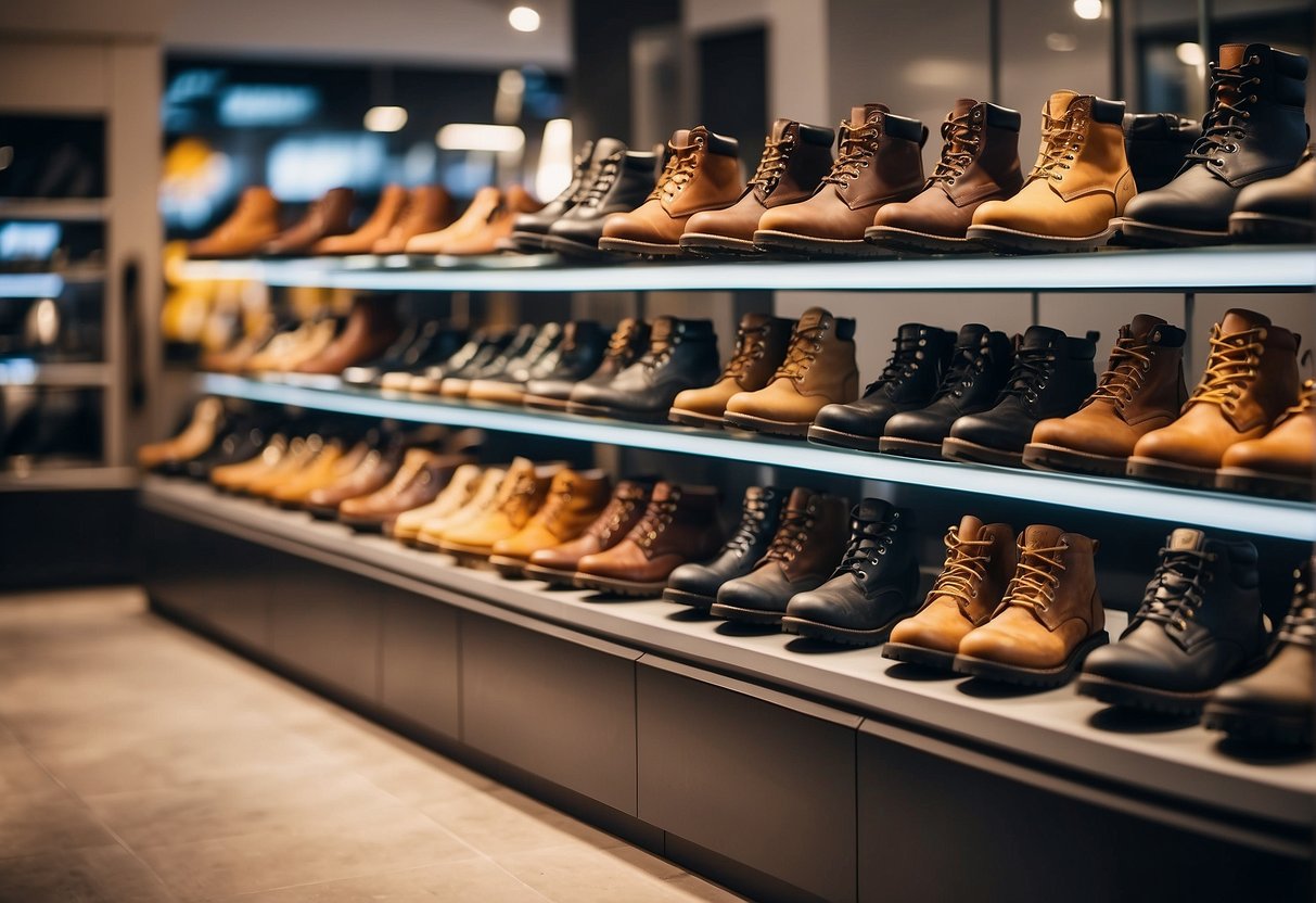 Various outdoor boots displayed on shelves in a well-lit store, with prominent logos and models visible