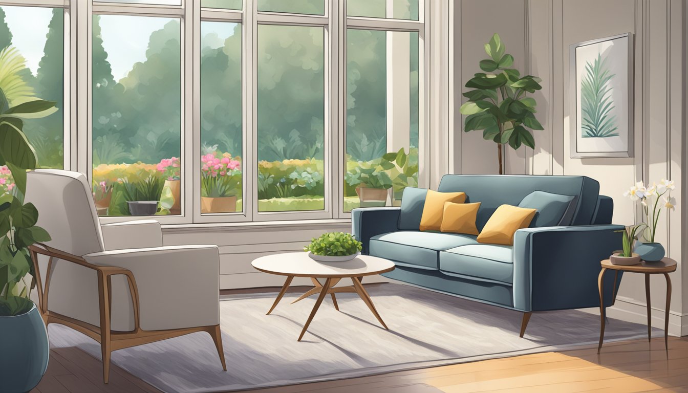 A cozy living room with two stylish chairs, placed near a window overlooking a garden. The chairs are modern and elegant, adding a touch of sophistication to the room