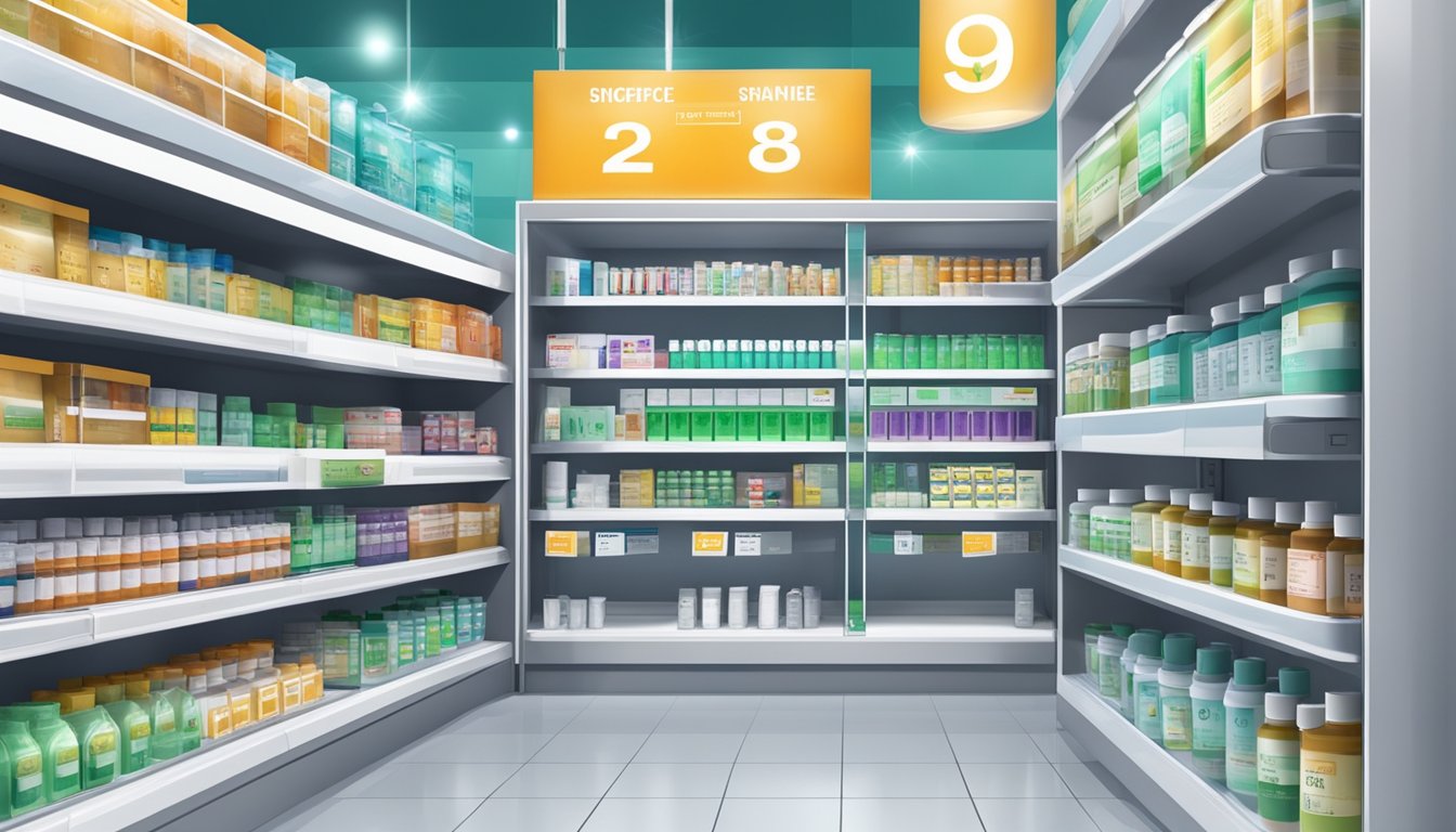 A pharmacy shelf displays Biogesic in Singapore with clear price tags and product information