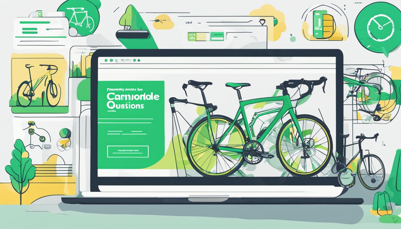 A computer screen displaying a webpage with the title "Frequently Asked Questions buy cannondale online" surrounded by various bicycles and cycling accessories
