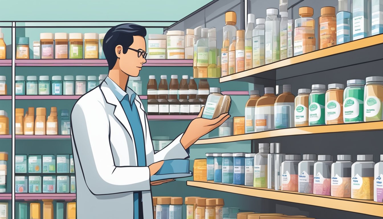 A customer confidently selects Biogesic from a well-organized pharmacy shelf in Singapore, with clear signage and helpful staff nearby