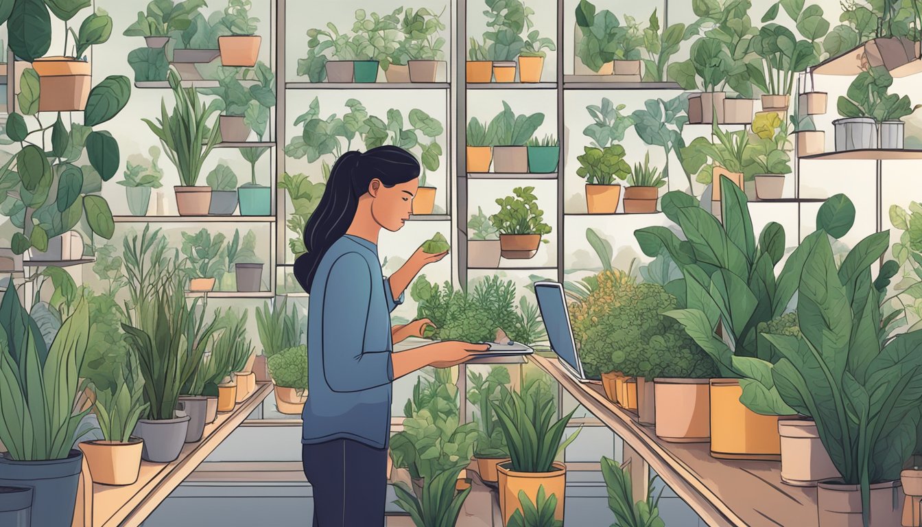 A person browsing a variety of plants online, carefully selecting the perfect ones for their space