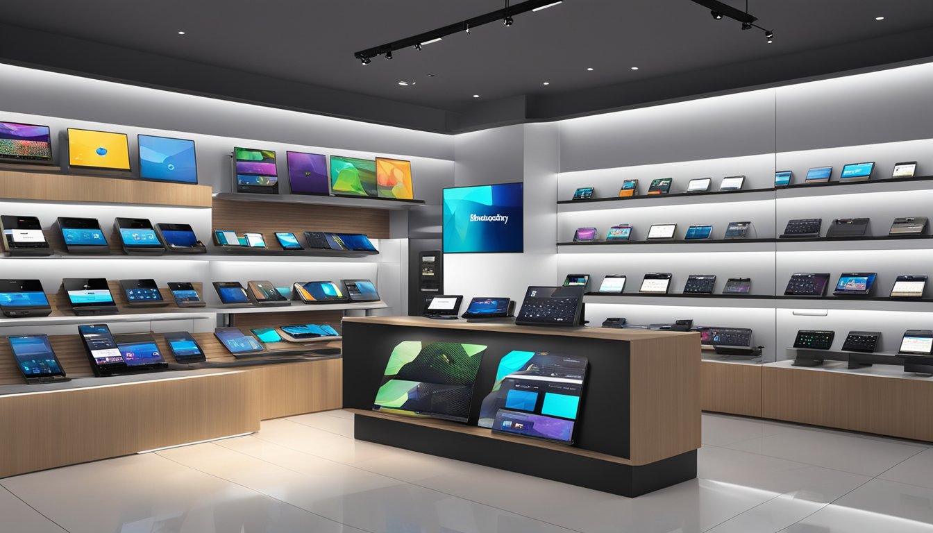 A display of BlackBerry phones in a sleek, modern electronics store in Singapore. Bright lighting highlights the key features of the devices