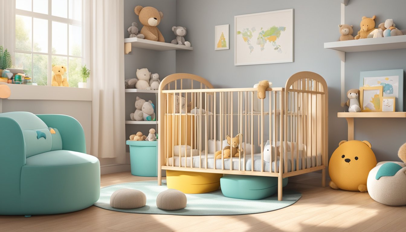 A colorful playpen sits in a bright nursery, surrounded by toys and stuffed animals. The room is tidy and filled with natural light