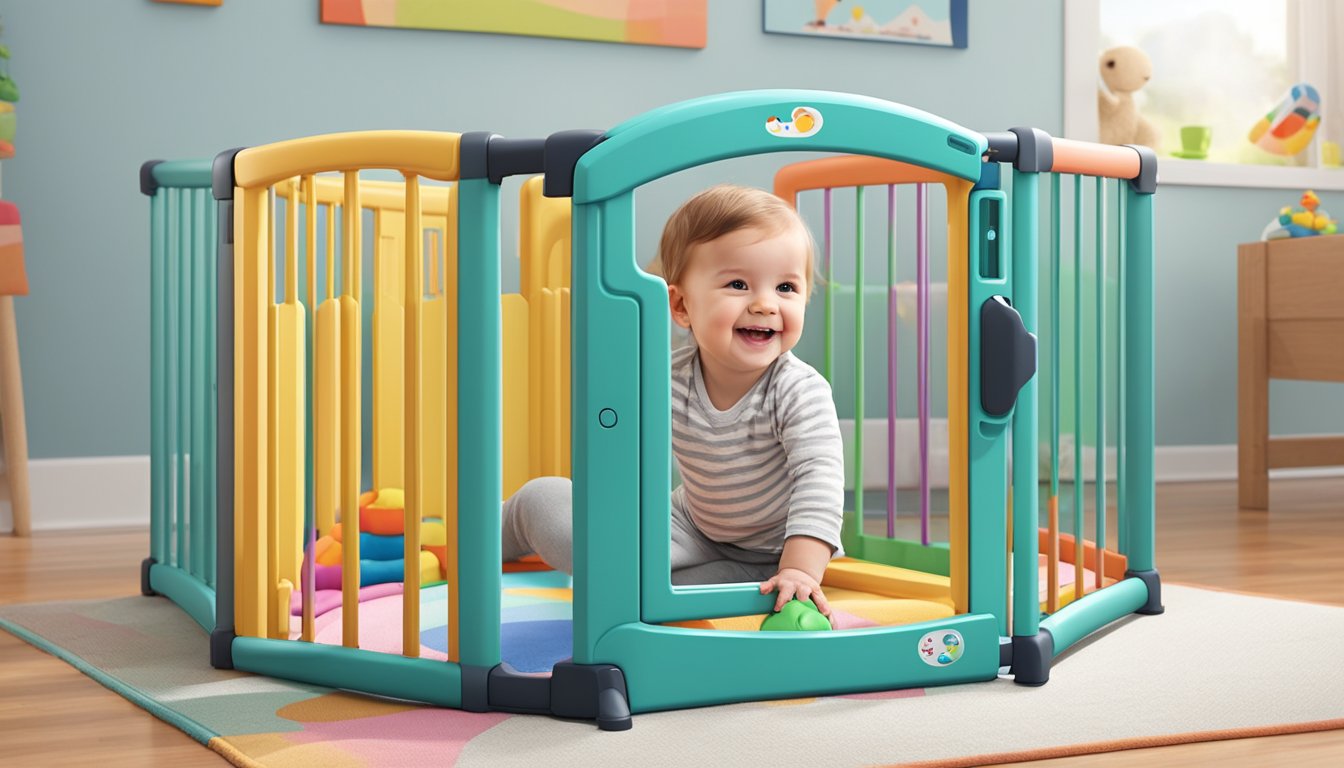 A smiling toddler reaches for a colorful toy inside a secure playpen, surrounded by soft, cushioned walls and a sturdy, adjustable gate