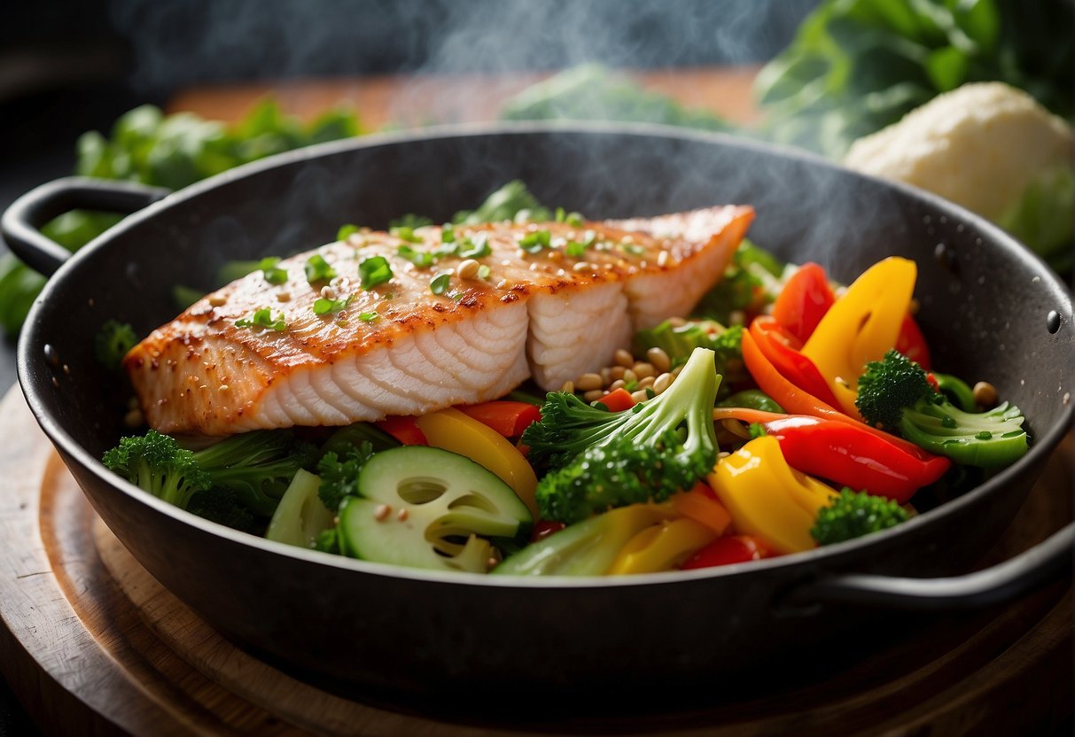 A red snapper fillet sizzling in a wok with ginger, garlic, and soy sauce, surrounded by vibrant green bok choy and colorful bell peppers