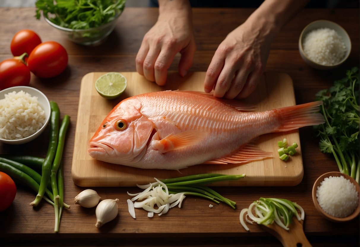 A chef selects fresh red snapper, ginger, garlic, and scallions for a Chinese recipe. Ingredients are neatly arranged on a wooden cutting board