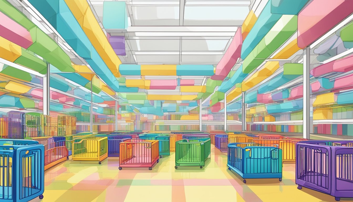 A bright and spacious store with rows of colorful playpens on display, featuring various sizes and designs. A sign above the entrance reads "Where to Buy Playpens in Singapore."